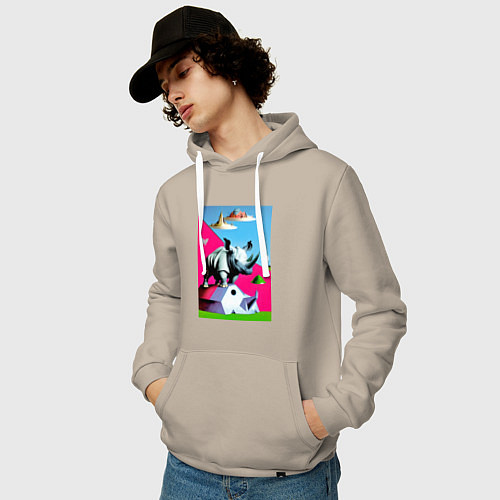 Мужская толстовка-худи Прикольный носорог - поп-арт / Миндальный – фото 3