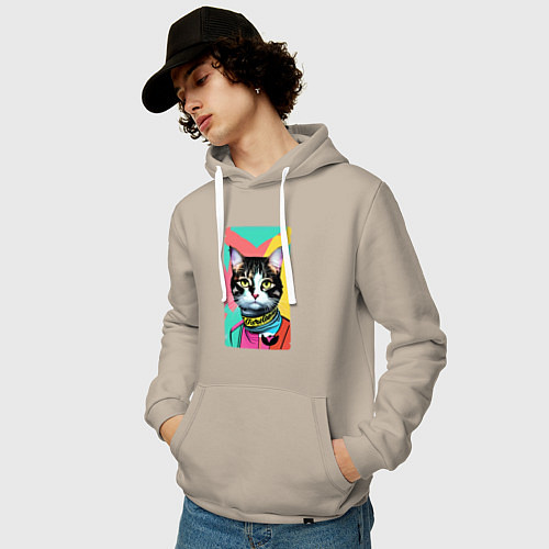 Мужская толстовка-худи Pop art cat - neural network / Миндальный – фото 3