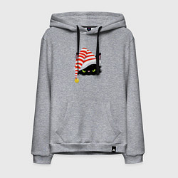 Толстовка-худи хлопковая мужская Новогодний черный кот в новогоднем колпаке, цвет: меланж