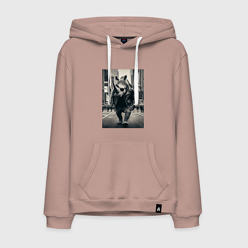 Мужская толстовка-худи Могучий носорог житель Нью-Йорка - нейросеть / Пыльно-розовый – фото 1