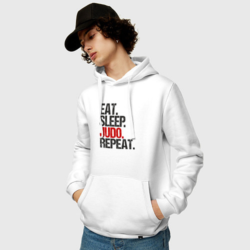 Мужская толстовка-худи Eat sleep judo repeat / Белый – фото 3