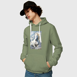 Толстовка-худи хлопковая мужская Белая лошадь на фоне неба, цвет: авокадо — фото 2