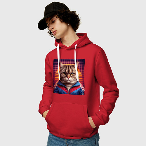 Мужская толстовка-худи Полосатый кот в спортивной куртке / Красный – фото 3