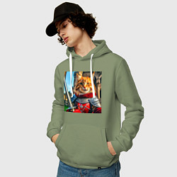 Толстовка-худи хлопковая мужская Рыжий кот рыцарь с мечом, цвет: авокадо — фото 2
