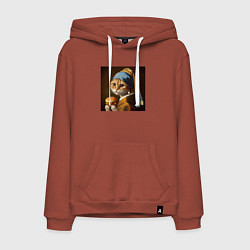 Толстовка-худи хлопковая мужская Забавная кошка с бургером в лапах в стиле картины, цвет: кирпичный