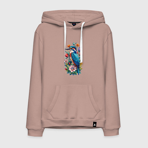 Мужская толстовка-худи Птица зимородок среди цветов / Пыльно-розовый – фото 1