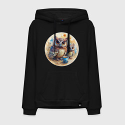 Толстовка-худи хлопковая мужская Совушки с кофе, цвет: черный