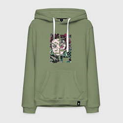 Толстовка-худи хлопковая мужская Тандзиро иероглифы Клинок рассекающий демонов, цвет: авокадо
