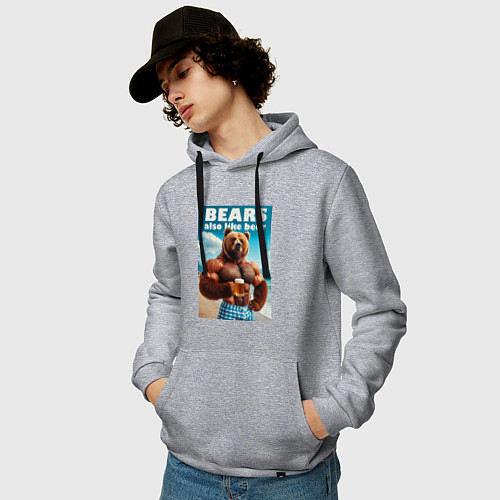 Мужская толстовка-худи Bear also like beer - slogan / Меланж – фото 3