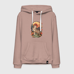 Толстовка-худи хлопковая мужская Волк в лесу в японском стиле, цвет: пыльно-розовый