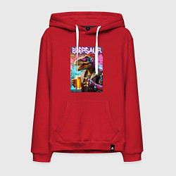 Толстовка-худи хлопковая мужская Кибер пивозавр на фоне стены с граффити - нейроарт, цвет: красный