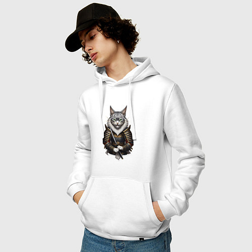 Мужская толстовка-худи Серьезный кот самурай / Белый – фото 3