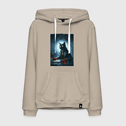 Толстовка-худи хлопковая мужская Кибер кот за компьютером - неоновое свечение, цвет: миндальный