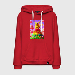 Толстовка-худи хлопковая мужская Пикачу сидит на горе из монпансье, цвет: красный