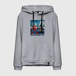 Толстовка-худи хлопковая мужская Человек паук и Бэтмен пьют пиво на крыше небоскрёб, цвет: меланж