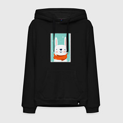 Толстовка-худи хлопковая мужская Снежный заяц с шарфом, цвет: черный