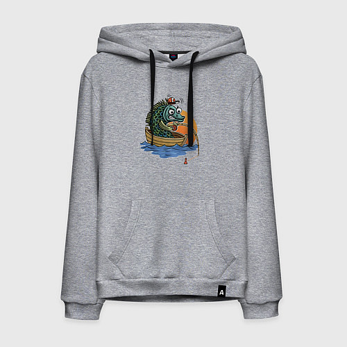 Мужская толстовка-худи Увлеченная рыба-рыбак ловит рыбу удочкой / Меланж – фото 1