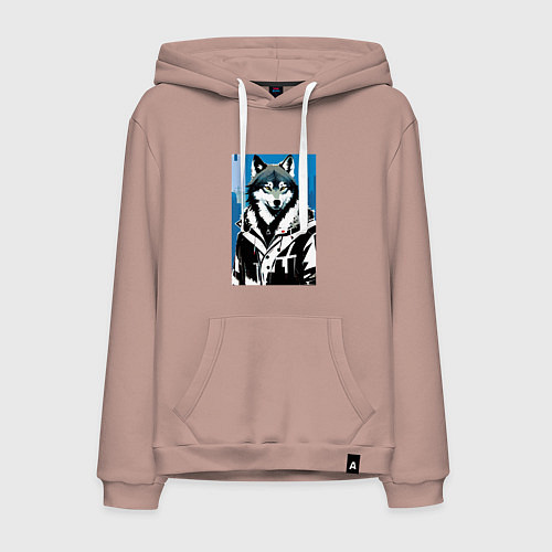 Мужская толстовка-худи Волк в мегаполисе - нейроарт / Пыльно-розовый – фото 1