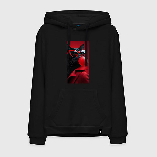 Мужская толстовка-худи Чёрная кошка в очках надувает жвачку / Черный – фото 1