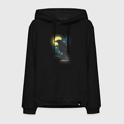 Толстовка-худи хлопковая мужская Чёрный ворон на ветке под луной среди синих цветов, цвет: черный