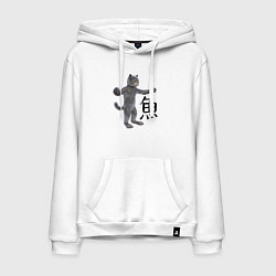 Толстовка-худи хлопковая мужская Кот с иероглифом рыба, цвет: белый