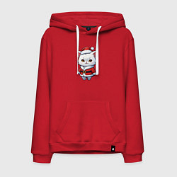 Толстовка-худи хлопковая мужская Белый кот дед мороз, цвет: красный