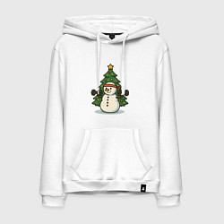 Толстовка-худи хлопковая мужская Снеговик с гирями, цвет: белый
