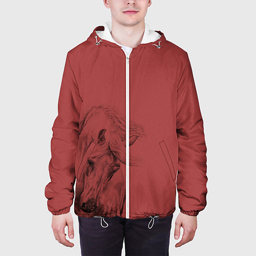 Мужская куртка Конь на красном фоне / 3D-Белый – фото 3