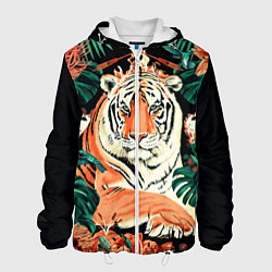 Куртка с капюшоном мужская Огненный Тигр в Цветах, цвет: 3D-белый