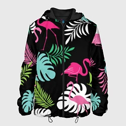 Куртка с капюшоном мужская Фламинго с цветами, цвет: 3D-черный