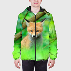 Куртка с капюшоном мужская Лисенок в зеленом лесу, цвет: 3D-черный — фото 2