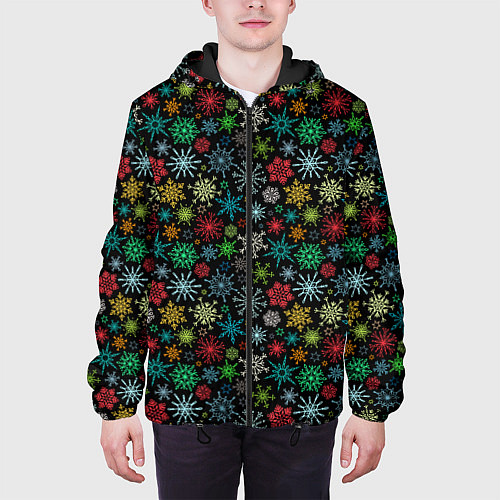 Мужская куртка Разноцветные Снежинки / 3D-Черный – фото 3