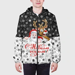 Куртка с капюшоном мужская С Новым Годом дед мороз и олень, цвет: 3D-черный — фото 2