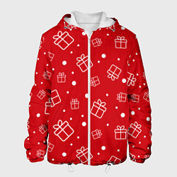 Куртка с капюшоном мужская Новогодние подарки на красном фоне, цвет: 3D-белый