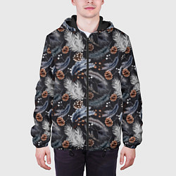 Куртка с капюшоном мужская Узор из еловых веток и шишек Акварельный рисунок, цвет: 3D-черный — фото 2