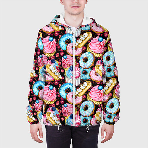 Мужская куртка Узор из сладостей на черном фоне / 3D-Белый – фото 3