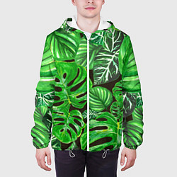 Куртка с капюшоном мужская Тропические листья на темном фоне, цвет: 3D-белый — фото 2
