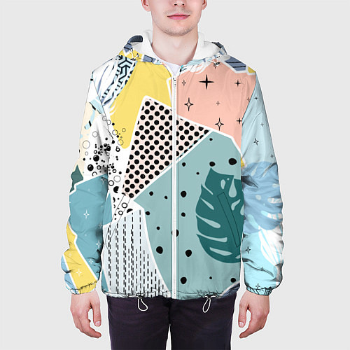 Мужская куртка Абстрактный узор с пальмовыми листами и геометрией / 3D-Белый – фото 3