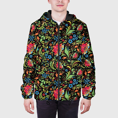 Мужская куртка Цветочный Узор хохлома / 3D-Черный – фото 3
