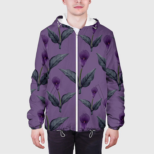 Мужская куртка Фиолетовые каллы с зелеными листьями / 3D-Белый – фото 3