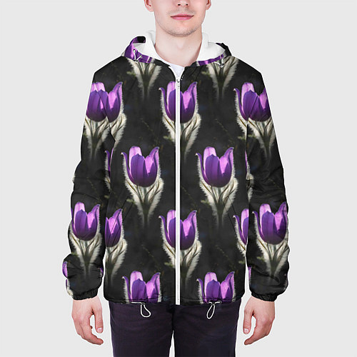 Мужская куртка Фиолетовые цветы - паттерн / 3D-Белый – фото 3