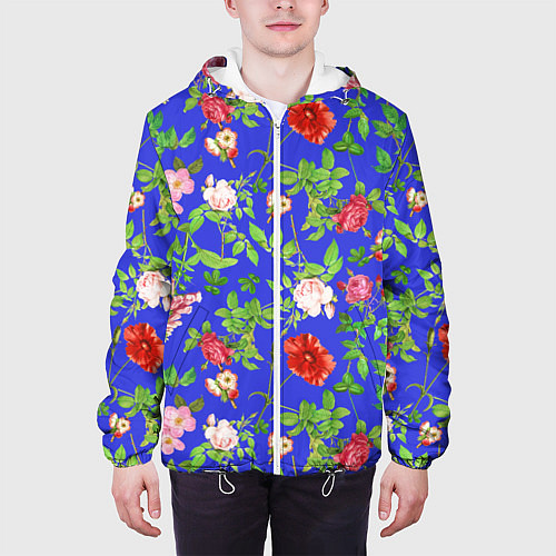 Мужская куртка Цветочки - синий фон - паттерн / 3D-Белый – фото 3