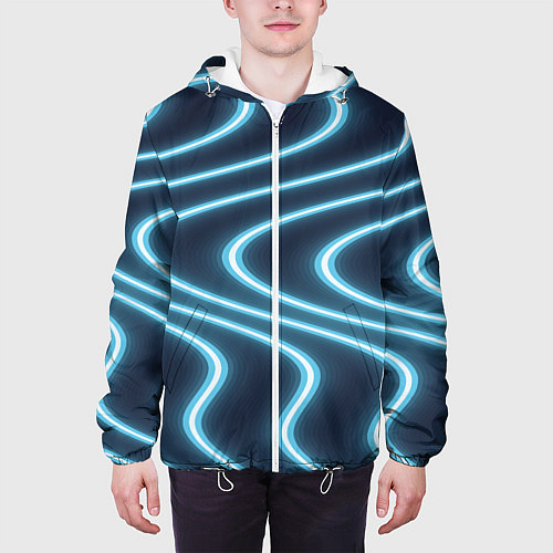 Мужская куртка Неоновый свет Волны голубые на темном фоне / 3D-Белый – фото 3
