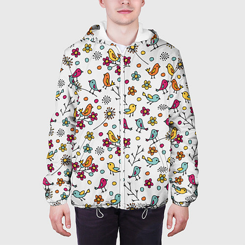 Мужская куртка Птицы и цветы Разноцветный узор в дудл стиле / 3D-Белый – фото 3
