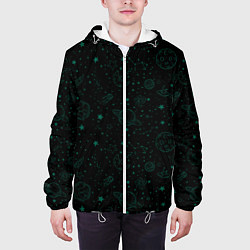 Куртка с капюшоном мужская Черный паттерн космические объекты, цвет: 3D-белый — фото 2
