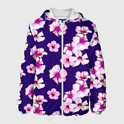 Куртка с капюшоном мужская Цветы Розовые Гибискус На Синем Фоне, цвет: 3D-белый