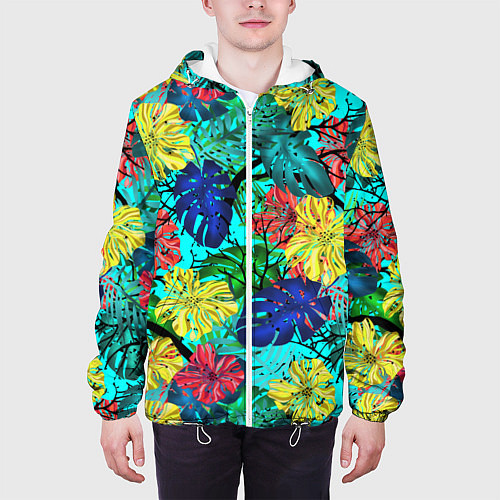 Мужская куртка Тропические растения на бирюзовом фоне / 3D-Белый – фото 3