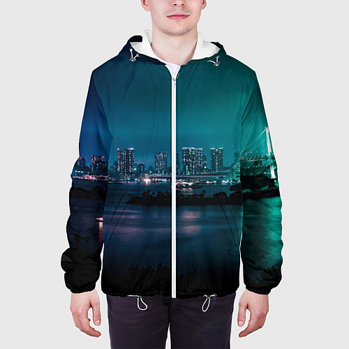 Мужская куртка Неоновый город с рекой - Светло-зелёный / 3D-Белый – фото 3