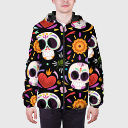 Куртка с капюшоном мужская Веселые черепа в цветах, цвет: 3D-черный — фото 2
