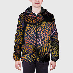 Куртка с капюшоном мужская Неоновые листья цветов - Оранжевый, цвет: 3D-черный — фото 2